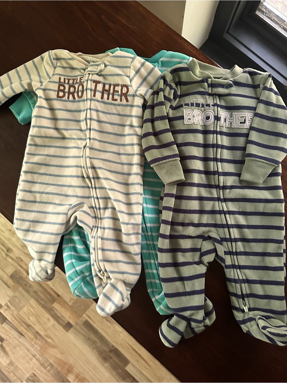 3- Carter's Striped 'Little Brother' Footed Pajamas - Blue, Green, Cream